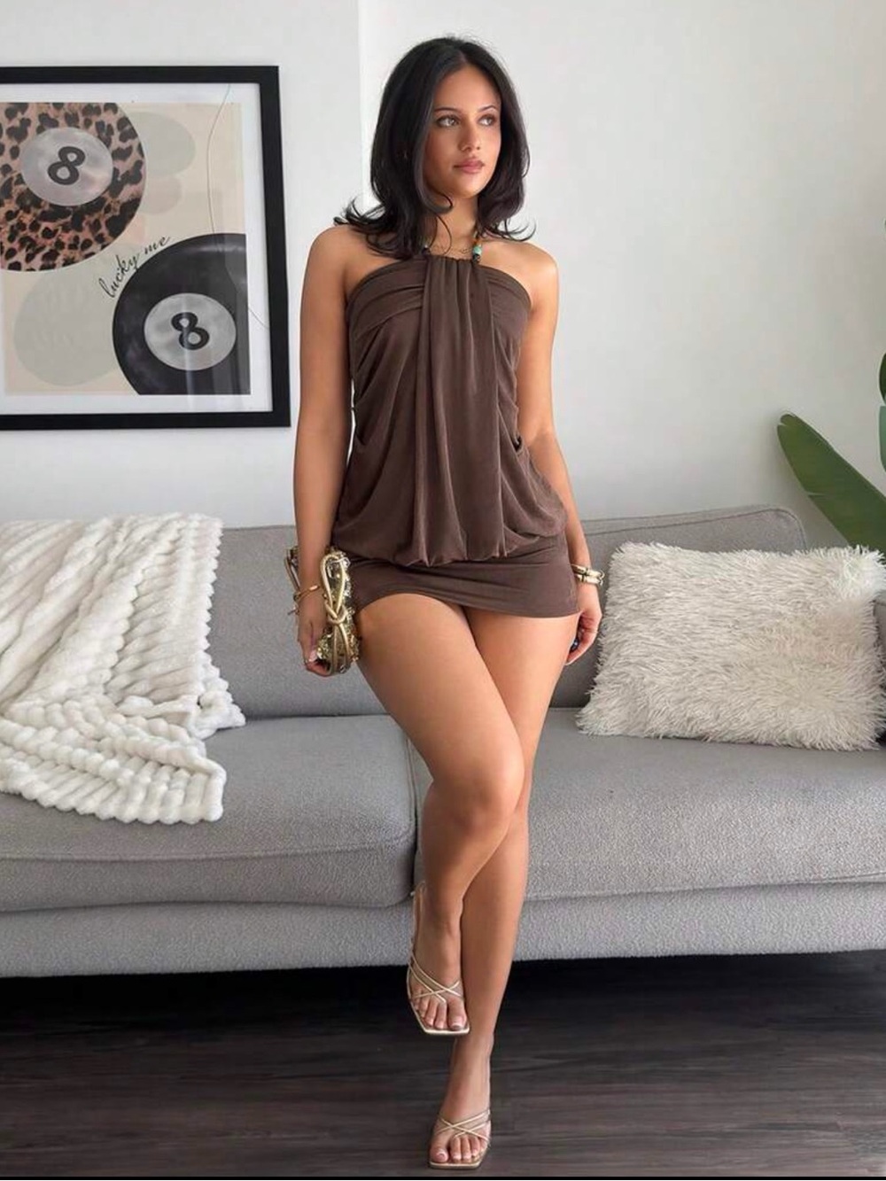 Brown Halter Mini Dress with Draped Front